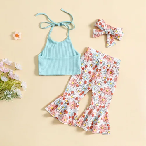Vista 3 de TBUIALL Ropa para niñas pequeñas, camiseta sin mangas, camiseta sin mangas, estampado floral, pantalones acampanados, traje de bebé niña 3-6