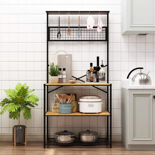 Vista 3 de soges Estante de cocina para panadero, diseño de 4 niveles, soporte para microondas, marrón rústico, organizador de utilidad, panel inferior