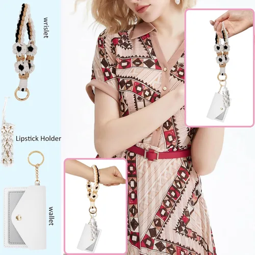 Vista 41 de BIHRTC Llavero de pulsera boho con soporte para lápiz labial, pulsera hecha a mano