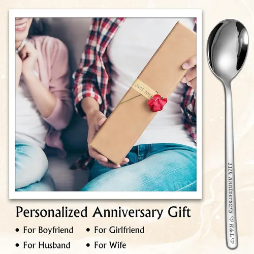 Vista 7 de Juego de cuchara y tenedor de acero inoxidable con nombre personalizado para parejas, utensilios de metal grabados personalizados para helado, café