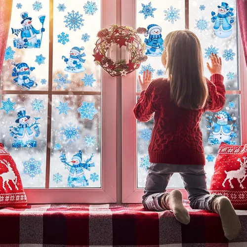 Vista 6 de Calcomanías de ventana de Navidad para vidrio, pegatinas de muñeco de nieve para ventana, polvo de brillo, etiquetas adhesivas estáticas de brillo