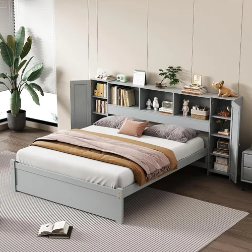 Vista 10 de Cama de plataforma de tamaño individual con cabecera de almacenamiento y taquillas, cabecera de almacenamiento multifuncional con 3 estantes Gris-t