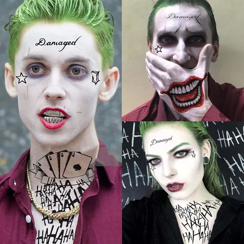 Vista 6 de VANTATY 5 hojas de tatuajes temporales 3D de Halloween Joker para hombres, mujeres y adultos, gótico, estilo de Halloween, impermeable, patrón de A