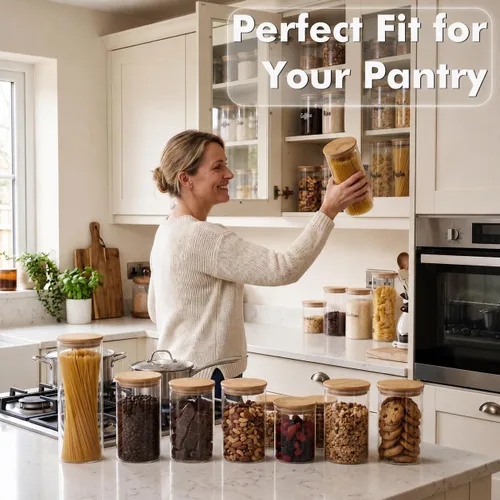 Vista 7 de Paquete de 6 tarros pequeños redondos de vidrio de 0.6 cuartos de galón con tapas de bambú Minimalist Kitchen Organizer,Pantry Storage