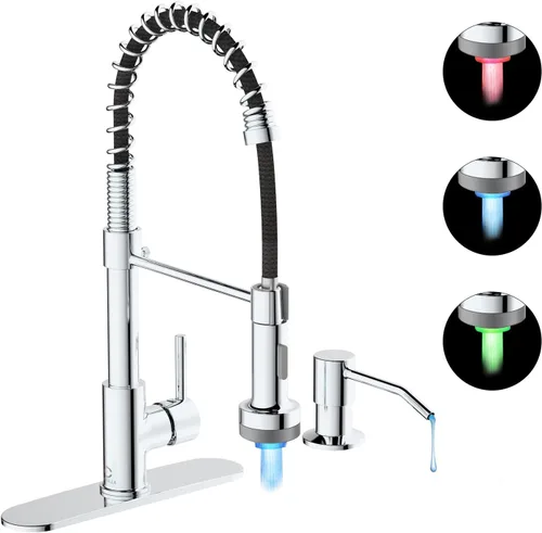 Vista 24 de Llave de cocina negra con luz LED, llave de cocina con dispensador de jabón, llave para fregadero de cocina, llave de cocina de acero inoxidable
