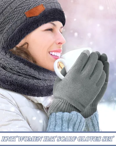 Vista 5 de 12 Pieces Men Women Winter Beanie Hat Scarf Gloves Set Warm Slouchy Beanies Hat Knit Skull Cap Touch Screen Gloves Neck Warmer Gaiter for Men Women
