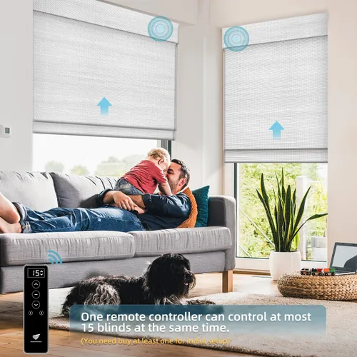 Vista 2 de SmartWings Persianas motorizadas de madera natural tejida para ventanas, persianas romanas eléctricas con control remoto para puertas correderas