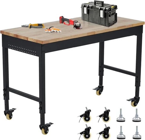 Vista 10 de Banco de trabajo ajustable resistente de 48 x 24 x 1.2 pulgadas con parte superior de madera de goma, almacenamiento de cajones, tira