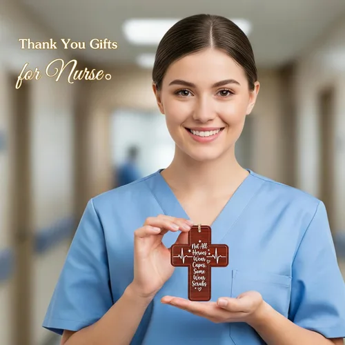 Vista 7 de FLYAB Regalos de enfermera para mujer, adorno de cruz Not All Heroes Wear Capes Some Wear Scrubs de madera y acrílico, decoración de árbol