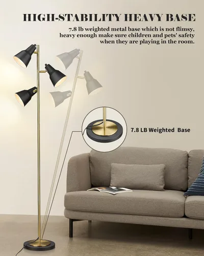 Vista 7 de ELYONA Lámpara de pie con árbol dorado con 3 luces giratorias ajustables, luces de pie industriales de poste alto de metal con 3 bombillas LED