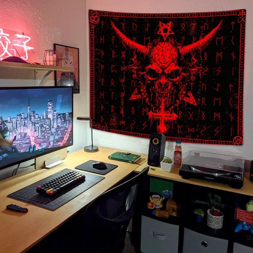 Vista 3 de Ptrxobj Pentagrama de cabeza de cabra para colgar en la pared, símbolo gótico demonio diablo, sala de estar, 60 x 40 pulgadas