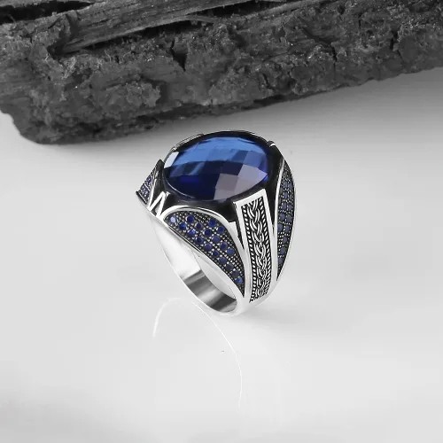 Vista 3 de 925 Sterling Silver Men Silver Ring with Sapphire GemStone, Handmade Engraved Silver Ring, Gift for him, Minimalist Silver Ring