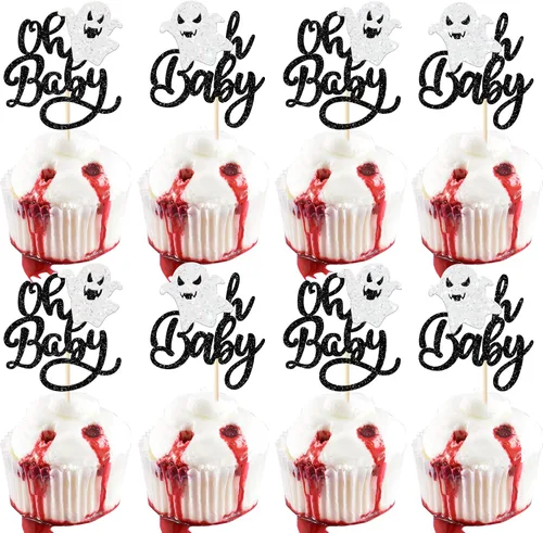 Vista 9 de Rsstarxi Paquete de 24 adornos para cupcakes Little Boo con purpurina, bruja, gato, calabaza, castillo, fantasma, magdalenas, alimentos, decoración