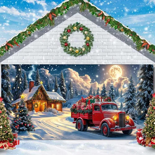 Vista 3 de Cubierta de puerta de garaje de Navidad de 6 x 8 pies, Papá Noel, retro, camión, nieve, árbol de Navidad, decoración de puerta de garaje, decoración