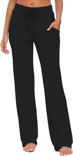 Vista 2 de Pantalones de yoga para mujer con bolsillos, pantalones de yoga holgados de pierna recta con cordón para yoga y correr, estilo casual