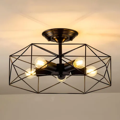 Vista 10 de Accesorio de Lámpara de Techo Industrial Semiempotrada de 4 Luces, Candelabro Sputnik Moderno de Metal Negro con Base de Bombilla E26, Luz Pegada al