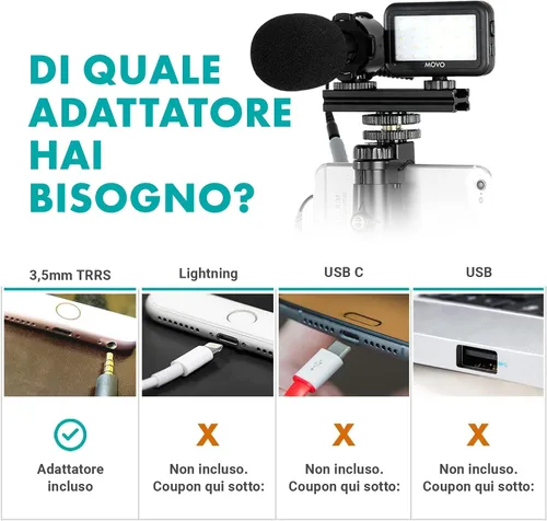 Vista 6 de Movo V7+ - Kit de inicio de YouTube para iPhone con trípode, agarre, micrófono estéreo, luz LED y control remoto, kit de vlog para iPhone 5, 5C, 5S