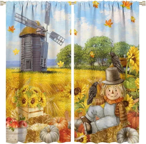 Vista 37 de Divertidas cortinas opacas de calabaza y espantapájaros para sala de estar, rústicas de otoño, hojas de arce, girasol, cosecha de otoño, puesta