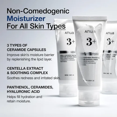 Vista 3 de ANUA 3 Ceramide Pantenol Moisture Barrier Cream, hidratante facial diario hidratante para todo tipo de piel, calmante, no comedogénica, con centella