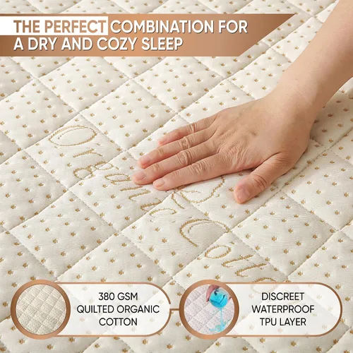 Vista 3 de Protector de colchón acolchado de algodón orgánico de lujo, tamaño individual, almohadilla impermeable y transpirable de 380 GSM, funda ajustable