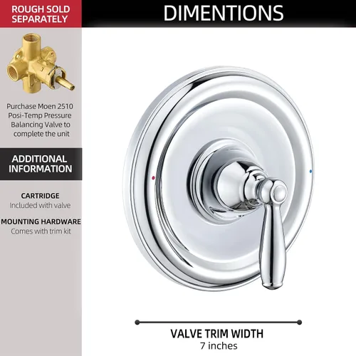 Vista 4 de Kit de accesorios para bañera y ducha con equilibrio de presión, compatible con válvula Moen Posi-Temp, cromado