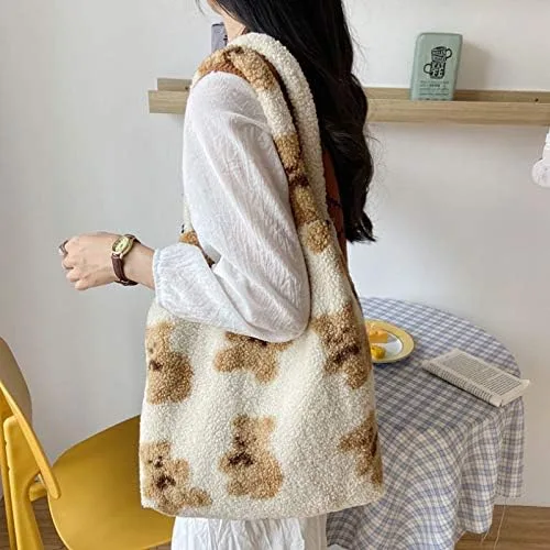 Vista 7 de Bolsa de piel sintética para mujer y niña, tipo bandolera, linda, grande, con diseño de oso de felpa para compras o citas