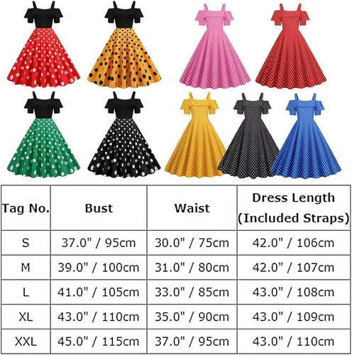 Vista 7 de Vestidos de lunares de los años 50 para mujer, vestidos vintage rosados Rockabilly con hombros descubiertos, vestidos de fiesta, vestido de longitud