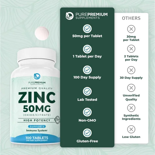 Vista 7 de PurePremium Zinc 50mg – Suplementos de zinc de apoyo inmunológico para hombres y mujeres – Vitamina citrato de zinc / óxido para adultos
