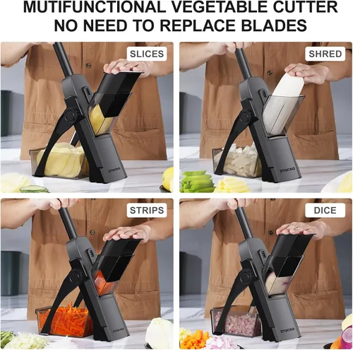 Vista 3 de Cortador de mandolina 5 en 1 seguro para cocina, picador de verduras seguro, cuchillo de pelar, grosor ajustable, fácil de limpiar, rebanador