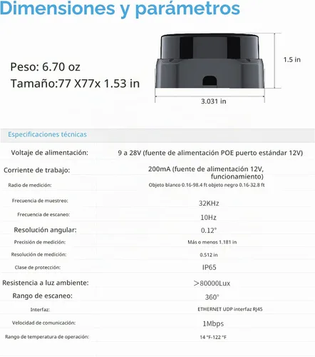 Vista 2 de Slamtec RPLIDAR S2E Lidar Sensor 2D 360 grados 98.4 ft de radio de escaneo LIDAR Escáner con interfaz Ethernet UDP para ROS/ROS2 Evitar obstáculos