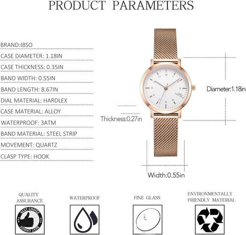 Vista 5 de Reloj de pulsera para mujer con correa de acero inoxidable, de cuarzo, a prueba de agua, Rose gold