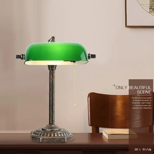 Vista 3 de Vintage Green Glass Shade Table Lamp Industrial Gold Iron Body Light Fixture with Pull Chain Desk