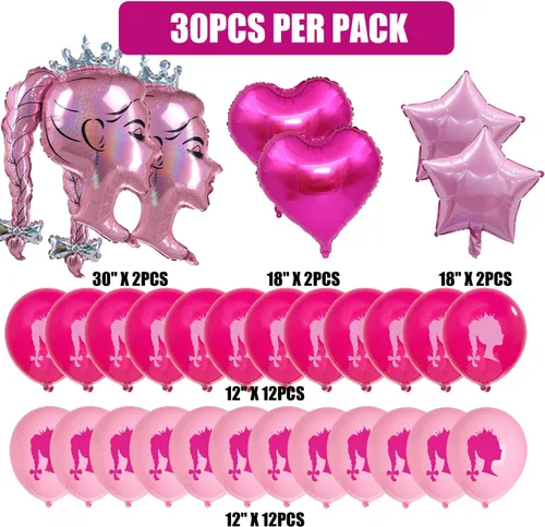Vista 2 de 30 globos de papel de aluminio de princesa rosa intenso, globos de estrella de corazón rosa, cabeza de niña, kit de globos de látex