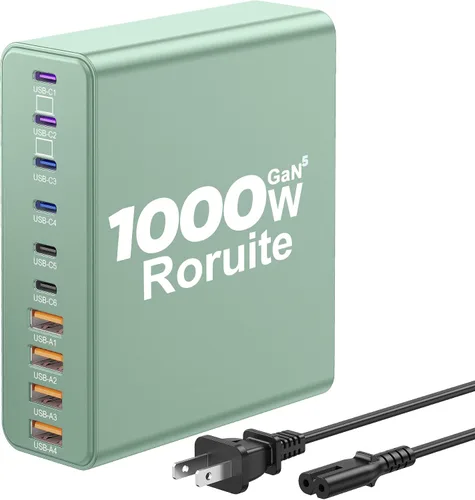 Vista 11 de Estación de carga USB C de 1000W, bloque de cargador USB C súper rápido de 120W PD GaN5 Type C for PC Laptop MacBook Pro/Air 10 Port Charger