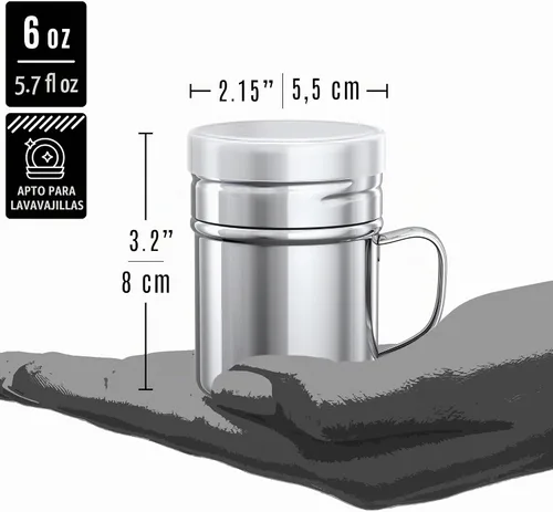 Vista 5 de CUSINIUM - Salero y piminero de acero inoxidable de 6 oz - Con tapa de plástico - Con asa