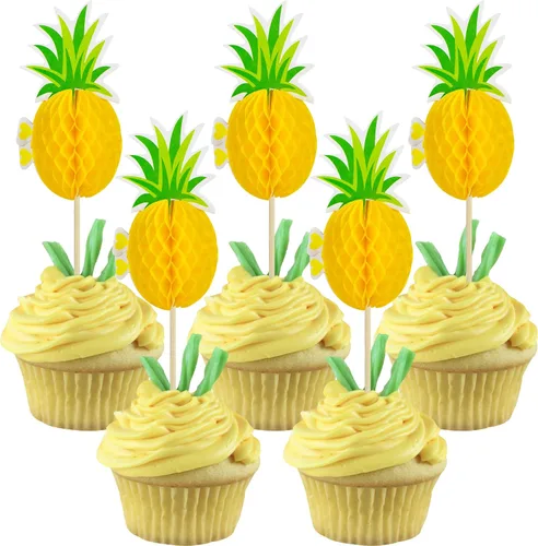 Vista 9 de 36 piezas de adornos para cupcakes de piña verde con purpurina verde para Luau despedida de soltera, fiesta de verano tropical, decoración