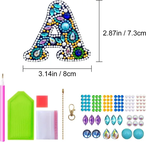 Vista 2 de YOYA Llavero de pintura de diamante de doble cara 5D, taladro completo A-Z, 26 letras de la A a la Z, kit de llaveros de arte de diamantes con gemas