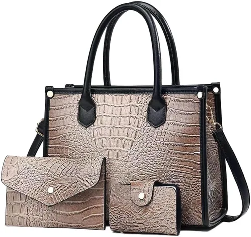 Vista 11 de Bolso y monedero para mujer, 3 piezas, con patrón de cocodrilo, cartera de embrague, tarjetero Gris