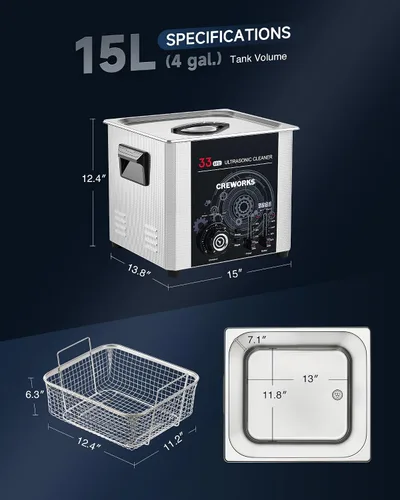 Vista 8 de CREWORKS Limpiador ultrasónico de 15L con función de barrido, 33 kHz 360 W Máquina de limpieza ultrasónica de grado industrial con temporizador