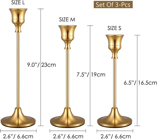 Vista 2 de Candelabros dorados – Juego de 3 portavelas de latón dorado para decoración de mesa, repisa, boda, comedor, fiesta (velas no incluidas)