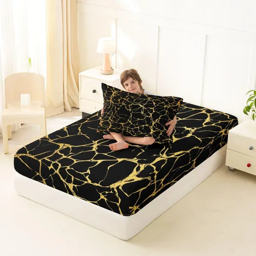 Vista 4 de Erosebridal Sábana bajera ajustable de mármol metálico dorado, tamaño individual, sábanas de cama con purpurina dorada negra, diseño de textura
