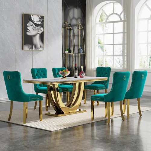Vista 24 de Mesa de comedor blanca de 68 pulgadas para 4-6, mesa de cocina rectangular moderna con mesa de mármol sintético y base de acero inoxidable plateado