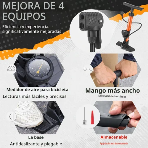 Vista 2 de Bomba de piso para bicicleta, bomba de bicicletas con manómetro, bomba de aire de bicicleta con alta presión de 160 psi, bomba de neumáticos