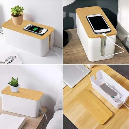 Vista 3 de Caja de almacenamiento de cables de 3 piezas, estuche de regleta de alimentación de línea de madera, organizador de cables de carga, contenedor