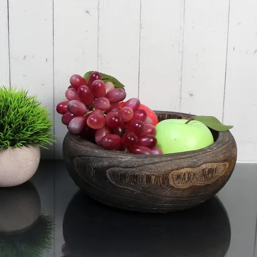 Vista 4 de CVHOMEDECO. Primitives - Cuenco de madera maciza funcional y coleccionable, cuenco redondo vintage de madera tallada a mano, utensilios rústicos
