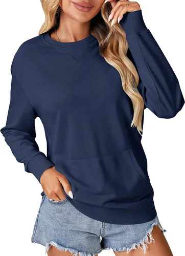 Vista 21 de OPOIPIN Suéter con bolsillo de manga larga y cuello redondo para mujer, estilo casual