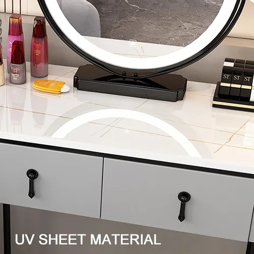 Vista 4 de Escritorio de tocador con espejo iluminado, mesa de tocador de lujo ligera con luces, 3 modos de iluminación de color, brillo ajustable, mesa