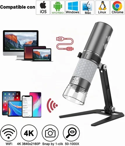 Vista 2 de Jiusion Microscopio de mano digital USB WiFi con funda, endoscopio de aumento inalámbrico de 50 a 1000x, cámara 4K 3840x2160P, 8 LED con soporte