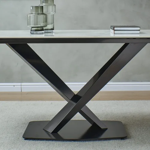 Vista 4 de Juego de mesa de comedor de mármol sintético, mesa de comedor rectangular de 63 pulgadas con mesa de piedra sinterizada y base de acero al carbono
