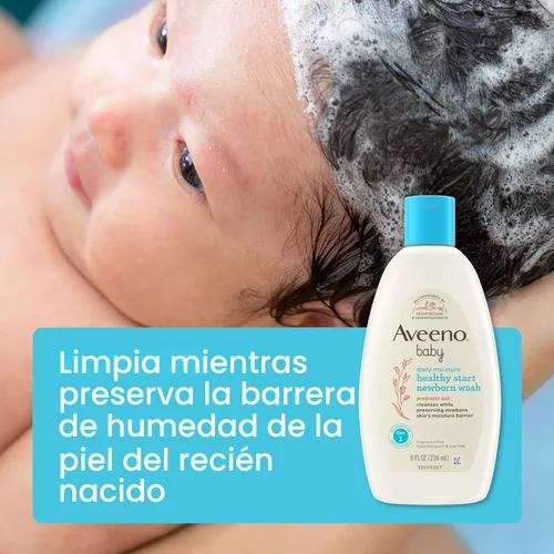 Vista 3 de Paquete de Aveeno Baby Healthy Start baño para recién nacidos, baño hipoalergénico para el cuerpo del bebé con avena prebiótica, sin fragancia, 8 fl